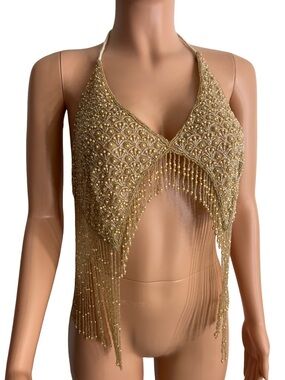 Beaded Halter Crop Top with Fringe – Gold